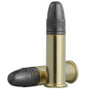 Two Norma MATCH .22 LR bullets with 40 grain Lead Round Nose (LRN) weight, displayed side by side. These rounds feature polished brass casings and distinctive dark lead tips, designed for optimal accuracy and consistency. The image highlights the detailed texturing on the bullet tips, emphasizing their precision engineering ideal for competitive shooting and target practice.