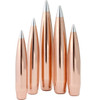 Collection of Hornady 30 Cal .308 176 grain A-Tip Match bullets, product number 30717, displayed in a vertical line. These bullets feature a sleek, copper-colored body with a sharply pointed silver tip, designed for precision and accuracy. Ideal for competitive shooters looking for reliable and consistent performance in their .308 caliber rifles with a 1-12" twist rate.