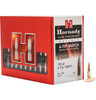 Box of Hornady 6.5mm .264 135 grain A-Tip Match bullets, product number 26179, quantity 100. The box, prominently displayed in red and white, features a clear window through which the neatly arranged copper-colored bullets with silver tips are visible. Designed for precision in shooting with a 1-8.5" twist rate, the packaging highlights the bullet's specifications and its effectiveness in competitive shooting.