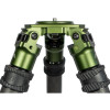 Underneath perspective of the FatBoy Elevate Tripod's apex, highlighting the metallic green leg adjustment mechanisms with black rubber twist locks, and the central column for enhanced stability and height customization.