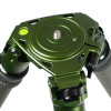 Close-up view of the FatBoy Elevate Tripod head in metallic green, showcasing its precision-engineered plate, bubble level, and adjustable leg angle locks for enhanced stability and leveling in various terrains.