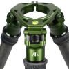 View looking up into the core of the FatBoy Elevate Tripod, focusing on the green circular frame with a central bubble level, surrounded by three leg grips and the adjustable leg angle selectors for precise stabilization.