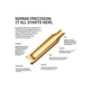Norma brass for 6mm NORMA BR, featuring a high-quality brass casing alongside detailed text explaining its precision and quality. The image highlights the brass's polished golden finish and the rigorous manufacturing process that ensures optimal performance. The layout includes descriptive points such as weight uniformity and dimensional accuracy, underscored by the slogan 'NORMA PRECISION. IT ALL STARTS HERE.' emphasizing the brand's commitment to quality in ammunition crafting.