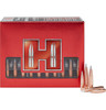 Box of Hornady 338 Cal .338 300 grain A-Tip Match bullets, product number 33389, quantity 100. Displayed in a red box with the Hornady logo, featuring clear windows that showcase the neatly arranged copper-colored bullets with precision silver tips. Designed for precision shooting with a 1-10" twist rate, the packaging emphasizes the bullets' specifications and suitability for long-range competitive shooting.