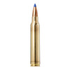 Single cartridge of Norma 6.5 PRC 143gr Bondstrike ammunition standing upright. The cartridge features a brass casing with a distinctive blue-tipped bullet designed specifically for long-range precision. This high-performance ammunition is optimized for consistent accuracy and is ideal for big game hunting. The image showcases the sleek design and engineering details of the bullet, packaged in a box of 20 rounds.