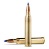 Two Norma 300 Winchester Magnum 180 grain Bondstrike cartridges displayed on a plain background. The bullets feature sleek brass casings with a distinctive blue polymer tip, designed for long-range hunting efficiency. These rounds are known for their deep penetration and precision, making them ideal for large game hunting. The cartridges are shown side by side to highlight their uniformity and build quality, exemplifying advanced ammunition technology.