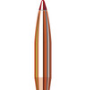 Illustration of a Hornady 6mm .243 108 grain ELD Match bullet, product number 24561, designed for a 1-8" twist rate. This high-performance bullet features a copper body with aerodynamic colored bands and a red polymer tip, engineered for exceptional stability and accuracy. Ideal for competitive shooting and precision target practice, highlighted with a focus on its advanced design and features.