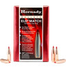 Packaging of Hornady 25 Cal .257 134 grain ELD Match bullets, product number 2561, displayed in a vibrant red box. The front of the box features a clear window showcasing the copper-colored bullets with red polymer tips, designed for high precision and stability. The box highlights the bullets' heat shield tip technology and superior aerodynamics, suitable for a 1-7.5" twist rate and ideal for long-range competitive shooting.