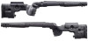 GRS Bifrost rifle stocks designed for the Bergara B-14 SA HMR, showcased in black. The image displays two angled views of the stocks, highlighting the rugged, versatile design with distinctive cutouts for weight reduction and improved handling. These stocks feature an adjustable cheek rest, length of pull, and ergonomic grip and forend for superior shooting comfort. The design includes integrated attachment points for bipods or slings, enhancing functionality for various shooting applications.