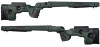 GRS Stocks - GRS Bifrost, Tikka CTR, Green (104468). The image displays the top and side views of a GRS Bifrost rifle stock in a green color, specifically designed for the Tikka CTR rifle. This stock features a rugged design with textured grip areas and adjustable components, ideal for enhancing shooting accuracy and comfort. The green color blends well with outdoor environments, making it suitable for hunting and field use.