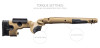 Side view of a GRS Bifrost stock for Tikka T1X in desert tan color, highlighting the torque settings with detailed labels pointing to adjustment areas on the stock, set against a neutral background.