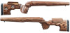 GRS Rifle Stocks Sporter model for Remington 700 BDL Short Action in classic brown finish, featuring a rich wood grain pattern. Displayed from side and bottom views, this stock highlights its ergonomic design with adjustable cheekpiece and textured grip, all against a white background for optimal contrast.