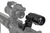 The image you've uploaded shows a close-up of a firearm equipped with a Vortex Optics Micro3x Magnifier mounted behind a red dot sight. This setup allows the shooter to quickly switch from an unmagnified view for close-range targets to a magnified view for longer distances. The magnifier is shown on a flip mount, which can be quickly swiveled to the side, enabling the shooter to use the red dot sight alone. The magnifier's role is to enhance the red dot sight by increasing the target image size, making it easier to see and hit at greater distances.