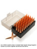 Array of Cutting Edge Bullets .375 352gr Single Feed MTAC (Match/Tactical) projectiles organized in a black, high-impact polypropylene box with a transparent lid, one bullet placed separately in front, with a caption about the box's protective qualities.