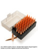 Organized array of Cutting Edge Bullets .338 277gr MTAC (Match/Tactical) in a partitioned, high-impact polypropylene storage box, with one bullet placed separately at the forefront, emphasizing the packaging designed to protect against scratches and dents.