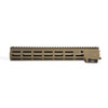 Geissele Automatics 13.5" Super Modular Rail MK16 M-LOK in Desert Dirt Color (DDC). Each image showcases the product from different angles, which is helpful for understanding the design and functionality of the rail system. Geissele's Super Modular Rails are highly regarded in the firearms industry for their innovation and quality. The MK16 model is particularly popular among shooters looking to upgrade their AR-15 platform with a versatile and reliable handguard system.