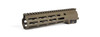 detailed side view of the Geissele Automatics 9.3" Super Modular Rail MK16 with M-LOK system in Desert Dirt Color (DDC). The rail is shown from an angle that illustrates its profile, including the top Picatinny rail, side M-LOK slots, and the overall structure. This compact and modular handguard is engineered to offer a balance of weight and durability, with a finish suited for desert or similarly colored environments.