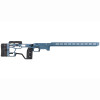 The image features the MDT ACC Elite Chassis System in a Titanium Blue finish, designed specifically for the Remington 700 short action (SA) and optimized for left-handed (LH) shooters, indicated by the part number (106802-TBL). The chassis provides a fully adjustable platform for precision rifle shooters, with features like a skeletal stock for weight reduction, a full-length forend with M-LOK slots for accessory mounting, and an adjustable cheek riser and butt pad for a custom fit. This system is often used by competitive shooters for its balance, ergonomics, and the ability to customize the weight and balance of the rifle. The Titanium Blue color offers a unique aesthetic while maintaining the functionality and quality MDT is known for.