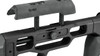The image showcases the cheek piece of the MDT ACC Elite Chassis System, designed for the Remington 700 rifle. You can see the textured cheek piece, which is mounted on twin riser rods that are adjustable for height, allowing the shooter to achieve a custom fit for optimal alignment with the rifle scope. The knob in the middle is used to lock the cheek piece height in place. This level of adjustability is critical for long-range precision shooters who require a consistent and comfortable cheek weld for accuracy and repeatable shot placement. The MDT logo is prominently displayed, indicating the manufacturer’s brand.
