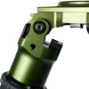 Close-up view of the FatBoy Elevate Tripod leg hinge, showing the intricate green and black design, the leg angle adjustment lever, and the locking mechanism for secure camera support.