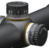 Close-up view of the elevation and windage adjustment turrets on the March Scopes D48F52 48X52BR HM SFP 1/16 Dot March Fixed Power Rifle Scope, featuring precise MIL markings and a distinctive golden ring at the base, designed for precise control and accuracy in competitive shooting environments.