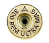 Close-up view of the base of a 300 Remington Ultra Magnum cartridge by ADG Brass, displaying the engraved headstamp around the primer hole. The anneal line is visible, indicating the heat treatment process used for durability. Ideal for product listings and ammunition collectors, part of a 50-piece box set.