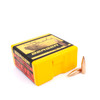 This product image features a vibrant yellow and black box of Berger Bullets Classic Hunter, .30 Caliber, 185 grain, identified by model number 30571, with a quantity of 100 bullets. Two copper-colored bullets are prominently placed in front of the box, showcasing the sleek design and precision craftsmanship that hunters and marksmen value.