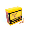 Image shows an open box of Berger VLD Hunting bullets, 6mm caliber, 105 grain, model number 24528. The box is vibrant yellow with black and red detailing, and it features an image of a stag. Two aerodynamically designed copper bullets are placed next to the box, exemplifying the precision and effectiveness these bullets offer to hunters.
