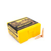 The image features a box of Berger VLD Target bullets, 6mm caliber, 115 grain, product number 24430. The bright yellow and black box signifies a quantity of 100 bullets, designed for long-range target shooting. Two bullets are prominently placed in front of the box to showcase their precise, aerodynamic form.