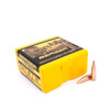 A box of Berger .30 Caliber, 185 grain, VLD Target bullets, product number 30413, with a quantity indicator of 100. The box is yellow and black with an image of a marksman on the front. Two exemplary bullets with a pointed tip design for accuracy are prominently displayed in front of the box, against a white background, highlighting the product for precision target shooting.