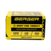 Front view of a Berger Bullets box labeled Boat Tail Target, 6mm caliber, 108 grain, with a 500 count, product code 24731. The box features bold yellow and black colors with detailed ballistic specifications, designed for match grade rifle shooting accuracy.