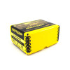 A box of Berger Bullets for a 6mm rifle, 105gr VLD Target, product number 24729, containing 500 units. The box is bright yellow with black text and a graphic design featuring silhouettes of shooters on the top. The sides display bullet graphics and essential product information. This packaging emphasizes visibility and product specifications.