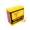 Bright yellow plastic box of Berger 6mm, 87gr VLD Hunting bullets, product number 24524, containing 100 units. The box features a prominent image of a deer on its side, symbolizing the intended use for hunting. Two exposed bullets next to the box showcase their precision design with pointed copper tips and brass casings, emphasizing their effectiveness for hunting applications.