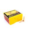 Bright yellow and red box of Berger 6.5mm, 140gr VLD Hunting bullets, product number 26504, containing 100 rounds. The box features an image of a hunter in action on the top, signifying its suitability for hunting. Beside the box, two bullets are displayed, showcasing their aerodynamic shape with pointed copper tips and brass casings, designed for precision and effectiveness in hunting scenarios.