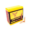 Yellow and black box of Berger 6.5mm, 140gr VLD Hunting bullets, product number 26504, containing 100 rounds. The packaging features a prominent image of a deer on the side, symbolizing its use for hunting. Two bullets are shown next to the box, highlighting their precise design with copper tips for effective long-range hunting. The box's vibrant color scheme and detailed imagery emphasize its application and quality.