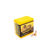 Yellow box of Berger 6mm, 64gr BR Column Target bullets, product number 24407, containing 100 rounds. The box features a dynamic image of a target shooter, highlighting the precision use of these bullets. Two bullets are placed beside the box, showing their distinct column-shaped tips designed for benchrest shooting, emphasizing accuracy and consistency in competitive target shooting.