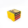 Vivid yellow and red box of Berger .338 Caliber, 250gr Elite Hunter bullets, product number 33554, containing 100 rounds. The box features a dynamic top label with an image of a hunter, emphasizing the bullet's design for elite hunting performance. The black and red side panels provide detailed product specifications, highlighting the bullet's weight and capabilities for precise and effective hunting applications.