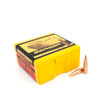 Bright yellow and red box of Berger .30 Caliber, 185gr VLD Hunting bullets, product number 30513, containing 100 rounds. The packaging features a top label with an image of a hunter in action, emphasizing its use for hunting. Two bullets are displayed beside the box, showcasing their sleek design with copper tips and brass casings, designed for precision and effectiveness in hunting scenarios.