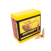 Box of Berger .30 Caliber, 185gr VLD Hunting bullets, product number 30513, containing 100 rounds, displayed next to two individual bullets. The box is yellow with a large image of a deer on the side, symbolizing its use for hunting. The side panels are red and black with detailed bullet specifications, emphasizing the bullet’s precision and effectiveness for elite hunting scenarios.