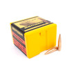 Bright yellow and red box of Berger .338 Caliber, 300gr Elite Hunter bullets, product number 33556, containing 100 rounds. The box features an image of a hunter in action on the top, emphasizing its use for hunting. Two bullets are displayed beside the box, showcasing their sleek design with copper tips and brass casings, designed for precision and effectiveness in hunting scenarios.