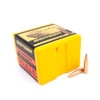Bright yellow and red box of Berger .30 Caliber, 210gr VLD Hunting bullets, product number 30515, containing 100 rounds. The box features an image of a hunter in action on the top, emphasizing its use for hunting. Two bullets are displayed beside the box, showcasing their sleek design with copper tips and brass casings, designed for precision and effectiveness in hunting scenarios.