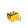 Bright yellow and black box of Berger .22 Caliber, 73gr BT Target bullets, product number 22420, containing 100 rounds. The box features an image of a target shooter on the top, emphasizing its use for precision target shooting. Two bullets are displayed beside the box, showcasing their sleek design with copper tips and brass casings, designed for accuracy and performance in competitive shooting.