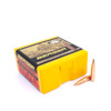 Bright yellow and red box of Berger .270 Caliber, 170gr Elite Hunter bullets, product number 27575, containing 100 rounds. The box features an image of a hunter in action on the top, emphasizing its use for elite hunting. Two bullets are displayed beside the box, showcasing their sleek design with copper tips and brass casings, designed for precision and effectiveness in hunting scenarios.