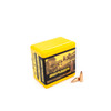 Yellow box of Berger .22 Caliber, 52gr FB Target bullets, product number 22408, containing 100 rounds, displayed beside two individual bullets. The box features a large image of a competitive shooter in action on the side, symbolizing its use for precision target shooting. The side panels are detailed with black text, highlighting the bullet’s specifications and optimal use in competitive shooting scenarios.