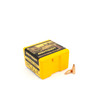 Bright yellow and black box of Berger .22 Caliber, 52gr FB Target bullets, product number 22408, containing 100 rounds. The box features an image of a target shooter on the top, emphasizing its use for precision target shooting. Two bullets are displayed beside the box, showcasing their sleek design with copper tips and brass casings, designed for accuracy and performance in competitive shooting.