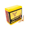 Yellow box of Berger 7mm, 180gr VLD Hunting bullets, product number 28502, containing 100 rounds, displayed beside two individual bullets. The box features a vivid image of a deer, symbolizing its use for big game hunting. The side panels are detailed with black and red text, emphasizing the bullet’s specifications and optimal use in long-range hunting scenarios.