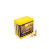 Yellow box of Berger VLD Target bullets, .22 caliber and 75gr, product number 22421, containing 100 bullets. Displayed next to the box are two precision-engineered, copper-colored bullets. The box showcases an image of a shooter at a rifle range on its label, highlighting the bullet's design for accuracy and performance in target shooting competitions.