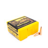 Open yellow box of Berger Juggernaut Target bullets, .30 caliber, 185gr, product number 30418, containing 100 bullets. The box features a sharp image of a target shooting event on its lid, emphasizing the bullet's precision for competitive shooting. Two copper-colored bullets are also displayed beside the box, showcasing their sleek, aerodynamic design for long-range accuracy.