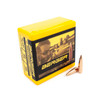 Vivid yellow box of Berger Juggernaut Target bullets, .30 caliber, 185gr, product number 30418, containing 100 bullets. The box displays a detailed image of a target shooting scene on its side, enhancing the appeal for competitive shooters. Two copper-colored, precision-engineered bullets are also displayed in front of the box, emphasizing the product's quality and design for long-range accuracy.