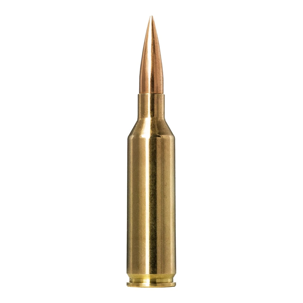 The image displays a single cartridge of Norma Golden Target Match Grade Ammunition in 6.5 PRC with a 143 grain Golden Target Boat Tail Hollow Point (BTHP) bullet. This ammunition is specifically designed for precision and accuracy, suitable for competitive shooting and exacting shooting disciplines. The design features a sleek brass casing and a distinctively shaped bullet, optimized for stability and accuracy over long distances. This type of ammunition is typically used by competitive shooters who require consistent performance for accurate long-range shooting.